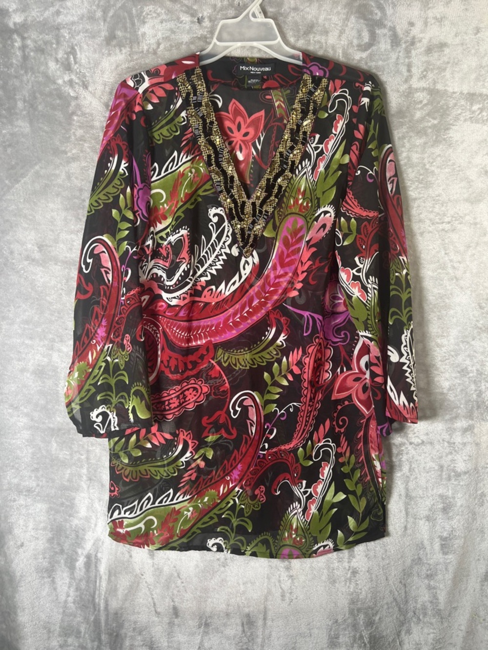 Mix Nouveau Black Paisley V-Neck Tunic with Beaded Trim - Pink & Green